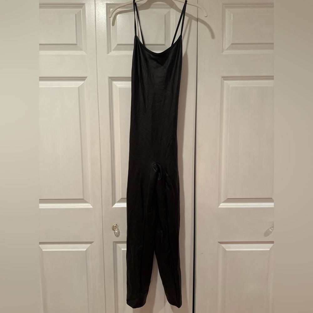 Black leather bodysuit with cross back detail